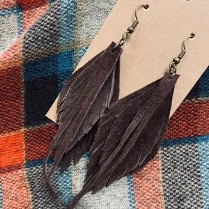 Genuine suede leather double feather earrings
